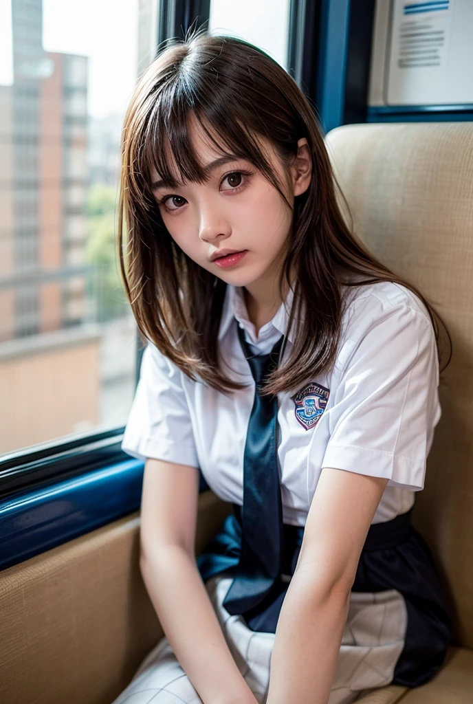 (masterpiece, highest quality:1.2), 8K, , 85mm, official art, RAW photo, absurd, white dress shirt, cute face, close, Upper body, violaces, gardenia, beautiful girl, school uniform, (navy pleated skirt:1.1), constricted waist, thighs, short sleeve, in the train, Sit on a bench seat, view viewer, no makeup, (smile:0.4), film grain, color difference, sharp focus, face light, clear lighting, teen uncenso detailed face, background bokeh, (dark red tie:1.1)、(I can see my underwear)