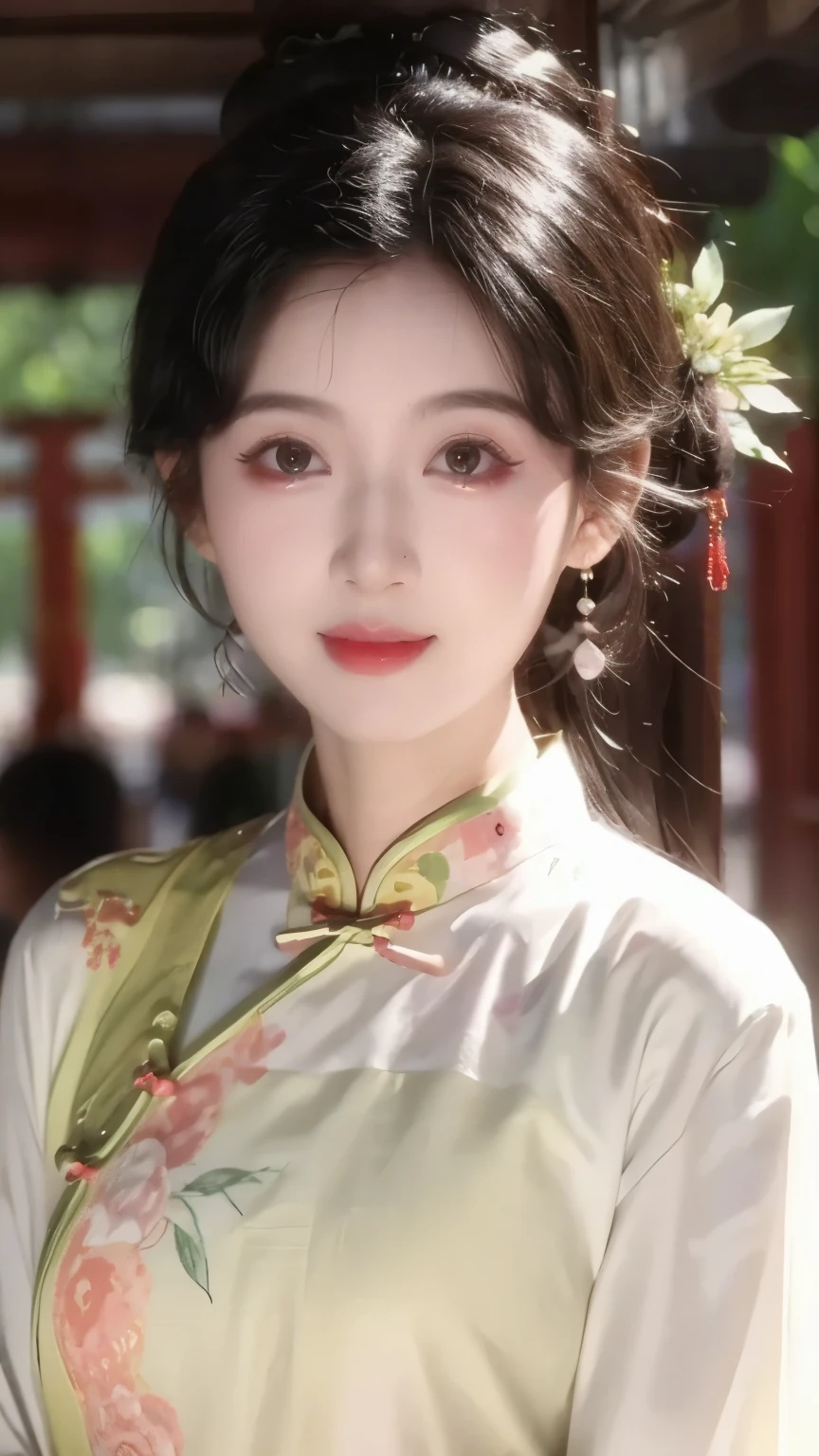 1 beautiful girl,best quality,(painting:1.5),Chest,torii,,depth of field, detailed face ,facial focus,ribbon_trim,(watching the audience:1.25),Smile,Thick lips,Real People, white cheongsam