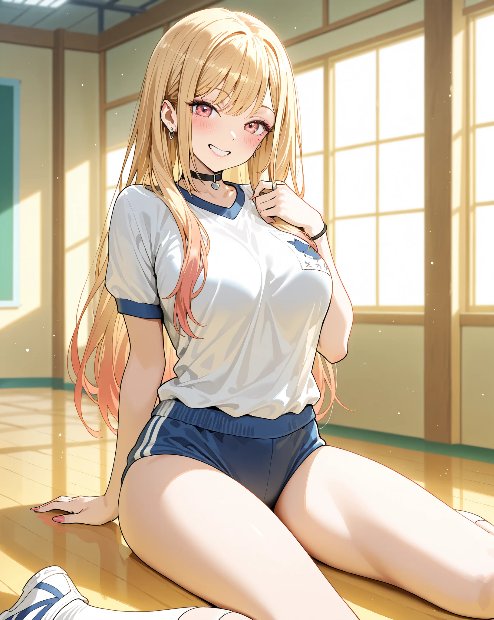 masterpiece, best quality, extremely detailed, 1 high school girl,curvy,gym uniform,buruma,socks,sneakers,grin,sitting on floor,(spread legs)