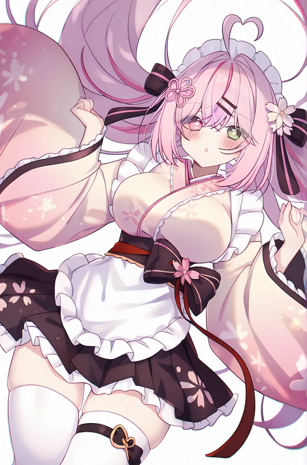 masterpiece, best quality, highres, aaruna, long hair, two side up, hair bow, hairclip, beret, black headwear, black bowtie, crescent, shoulder cutout, pink shirt, detached sleeves, long sleeves, black skirt, frilled skirt, single thighhigh, standing, cowboy shot, arms behind back, leaning forward, smile, open mouth, outdoors, cherry blossoms,(nude:1.5)
