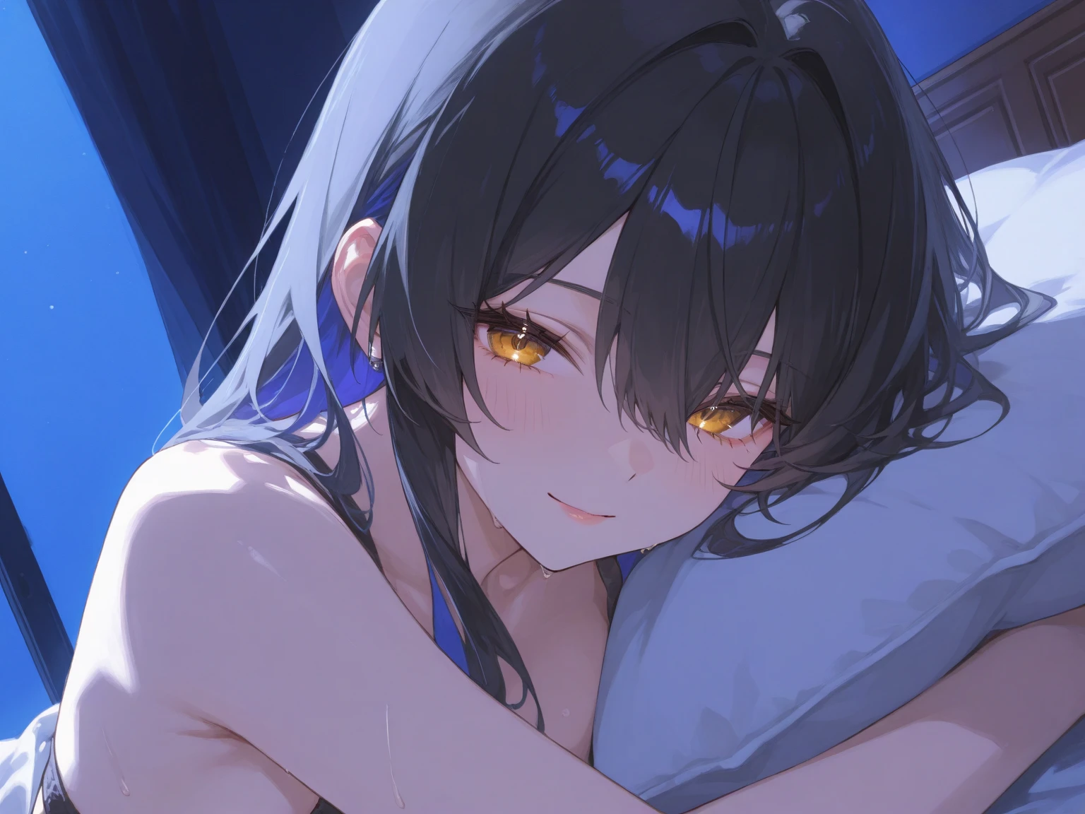 Top quality, delicate details, very detailed eyes and face, ((night))), (open-air rock bath), (white cloudy water), 1 beautiful girl, sweat, ponytail, upbeat cheeks, no makeup, upper eyes, strapless, lighting on figure, (((((background dark)))),seductive smile