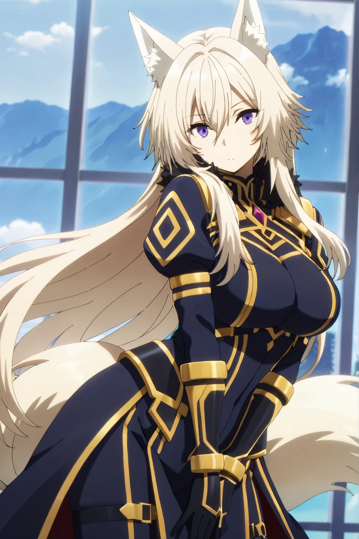 masterpiece,Highest Quality,high resolution,very detailed,Zeta\(kage no jitsuryokusha ni naritakute!\),animal ear、purple eyes、golden hair,tail,