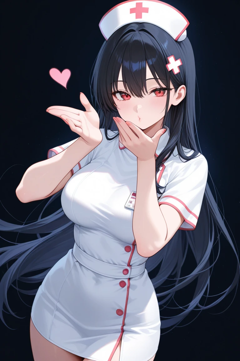 1 girl,Solo,shiny hair, black hair, eyes,black,best quality, very aesthetic, absurdres, very sweaty,absurdres,(huge)(dark red),female pov,upperlatin girl nude cartoon with big posing with fingers making peace sign, multiple girls, breasts, long hair, pasties, hat, blush, black hair, nurse cap, heart pasties, smile, navel, sweat, nude, heart, double v, looking at viewer, open mouth