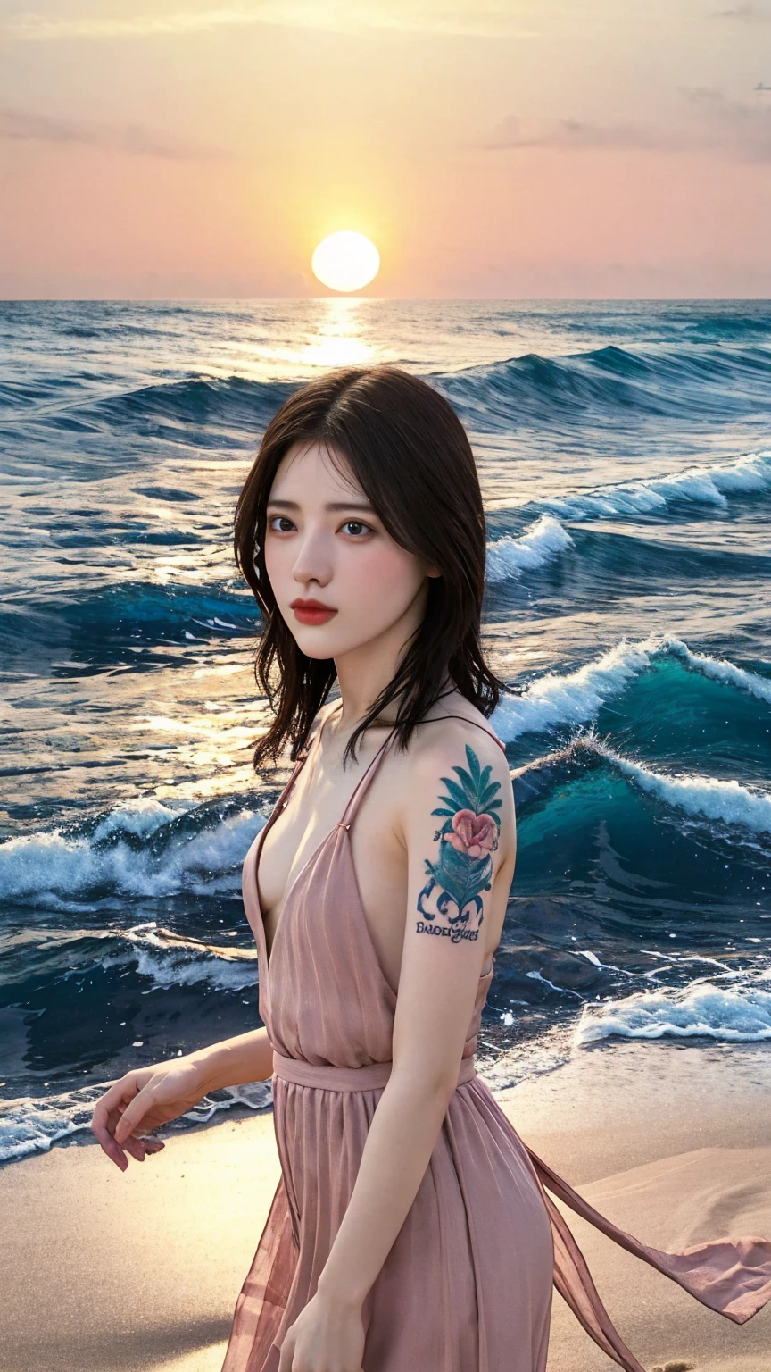 (8k), (highest quality), (best details)thundercloud、middle of the pacific ocean、sunken ship in the background、crystal ball、There is a beautiful Dutch girl with purple Japanese hair.、night sky、black swimsuit、Green Eyes、tattoo