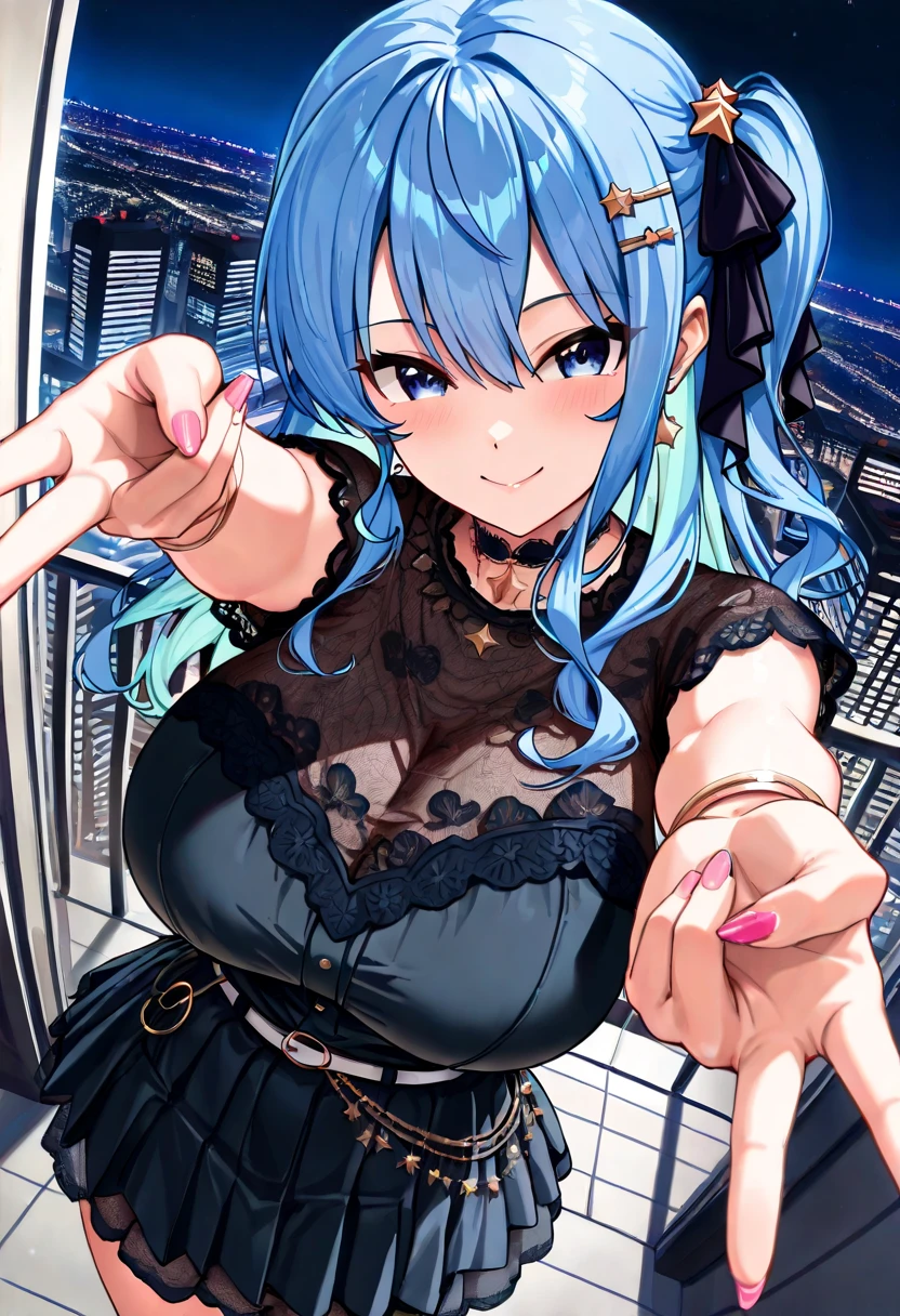(hetero couple:2), (cityscape:1.5), (NSFW, topless bare small middle boobies, uncensored bare pussy:1.6), (Face of love, I'm so happy:1.5), (cyborg girl:1.5), low teen, dynamic angle, stylish free pose, (headphone, mechanical fuselage, mechanical clothing), looking at the viewer, (hime cut, long hair:1.5), (blue mini skirt:1.5), plastic corset, Beautiful light effect, glowing skin, (removable long sleeves, very wide sleeve:1.5), (caution decal, corporate logotype:1.2), (small open mouth:1),