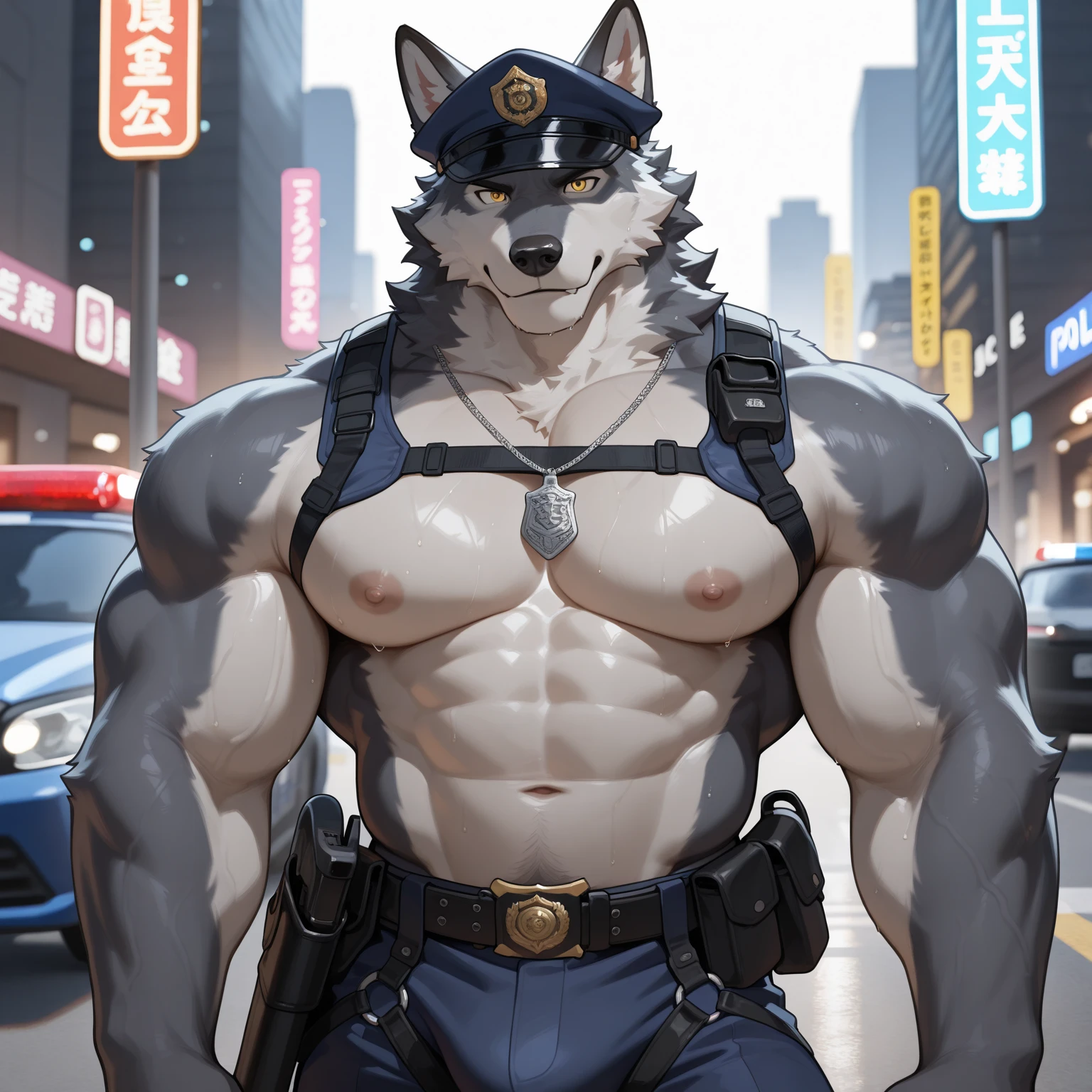 furry, furry art, source furry, (by dr.kiyo), solo, young, boy, shota, shotacon, young face, athletic, pecs, abs, small waist, tall, white arctic wolf, wolf tail, white fur, ponytail white hair, nude, talking, speaking, black mouth, big blue eyes, hard nipples, erect white penis with foreskin, erection, white foreskin, leaking precum, robot, (broken neck:1.2, damaged chest:1.2, cracked belly:1.2), detailed synthetic parts, detailed synthetic components, in a factory, factory interior background, holster, gun, handgun, holding gun, carrying gun, aiming gun, angry, angry expression, looking around, looking away, full body, full body portraits, full body shot