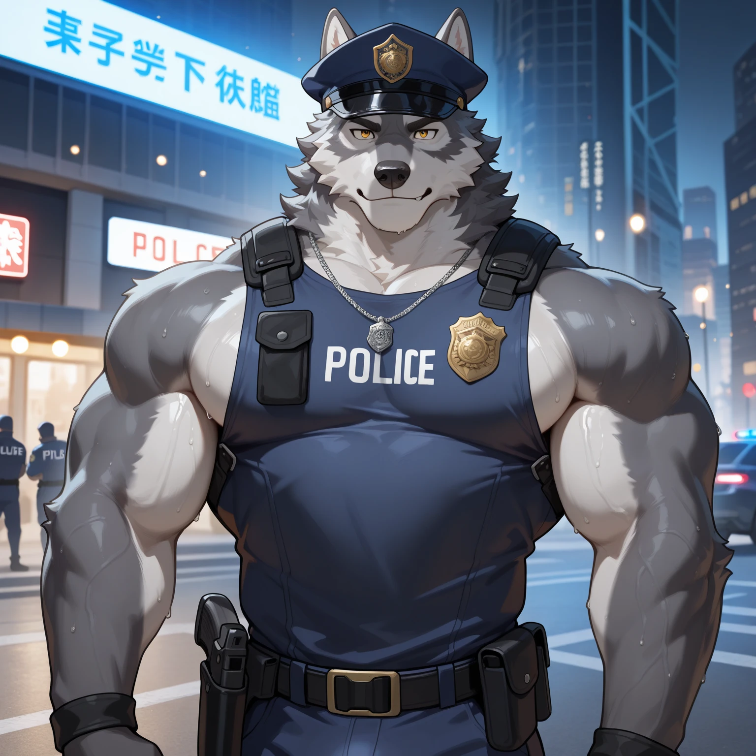 top quality, best quality, super high resolution, detailed background(highly detailed beautiful face and eyes)absurdres, perfect anatomy(angelic nice 2boy, kemono, muscle man)(furry)(furry anthro:1.7)(Furry body, dog facial features, dog body features)(very detailed body fur)full body(dignified, Embarrassing)police officer, street, muscle, facial hair, volumetric lighting, half undressh, black clothes, (black police uniform shirt)street, facial hair, volumetric lighting, from below,