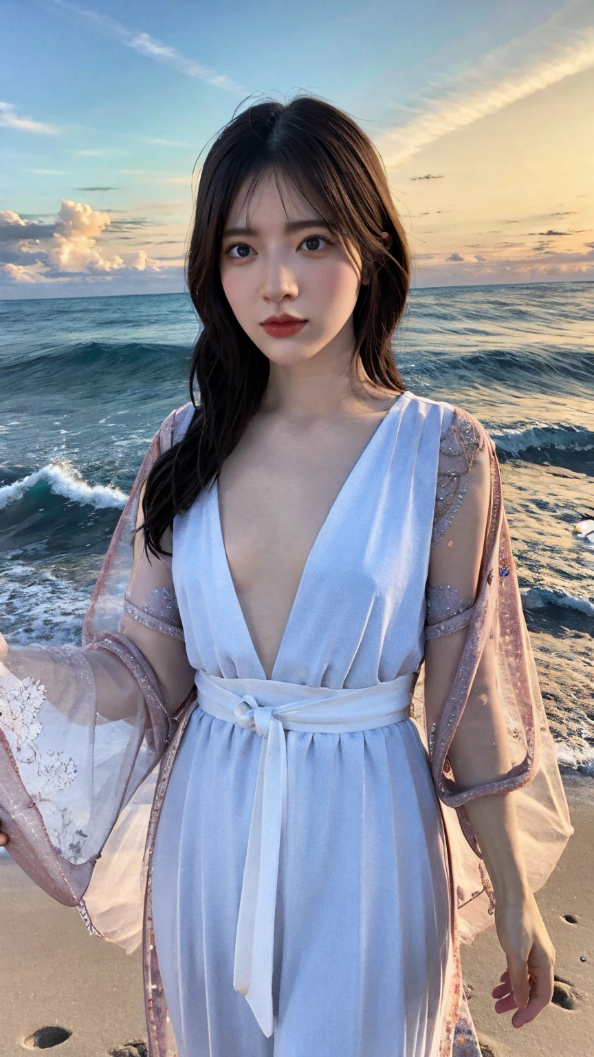Beautiful woman with perfect body：1.4，Prominent cleavage，Layered Hairstyle，Highly detailed face and skin textures，Double eyelids，Skin Whitening，Long hair，Whitened long legs，（skirt，necklace），Standing by the sea，Half-length photo