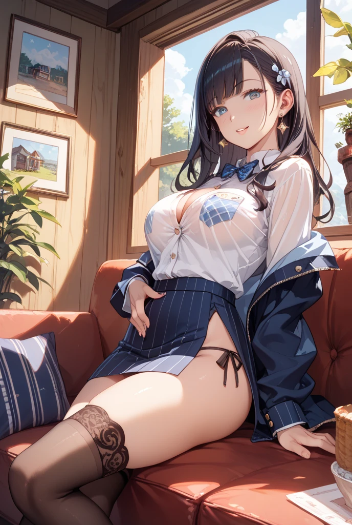 ((masutepiece, Best Quality, hight resolution, nffsw, Perfect Pixel, 4K, nffsw, nffsw))), 1girl in, Single, Solo, Beautie、full body seen、 ((Medium length wavy hair, Bangs, Brown hair)), ((Brown-eyed, Beautiful eyelashes, Realistic eyes)), ((Detailed face, Blushing:1.2)), ((Smooth texture:0.75, Realistic texture:0.65, Photorealistic:1.1, Anime CG style)), medium breasts, Dynamic Angle, Perfect body, ((School uniform,  White shirt, Black skirt, Unbuttoned shirt、plaid skirts、I'm not wearing shoes、White Sox)), Classrooms without people、Sit on a desk、Lower&#39;I took my foot off the desk....................................、early evening、、、Very embarrassing panic smile、(Lift the skirt with your right hand、Open both legs、Open your knees wide、Light blue and yellow floral lace panties)、、(Cute floral bra)、Angle from below
