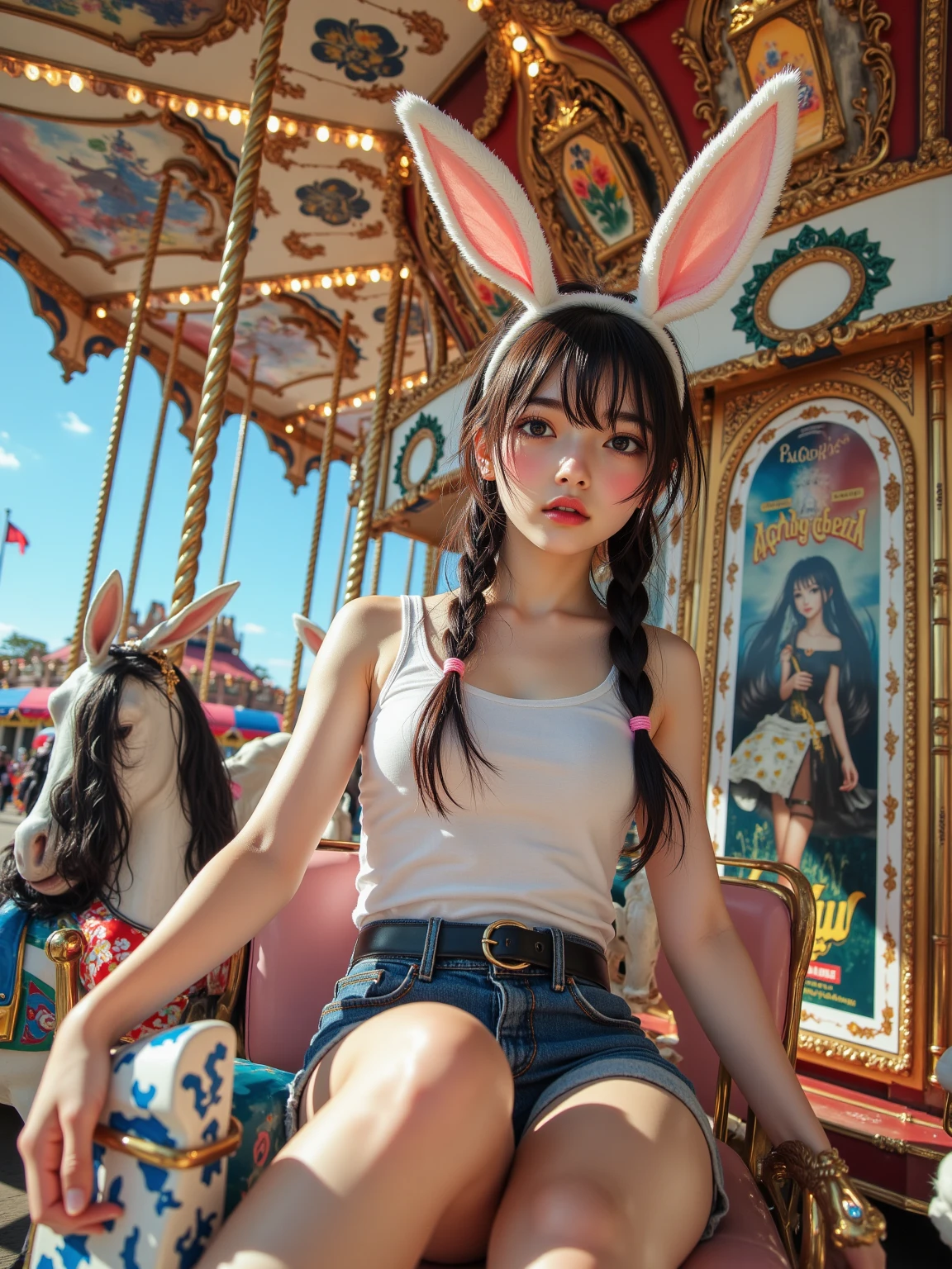 Tokyo Disney City〜, highest quality, realistic, Super detailed, finely, High resolution, (8K), 1 beautiful woman,, light brown messy hair, 彼女はパンクなTシャツandビキニを着ています.), sharp focus, perfect dynamic composition, beautiful and detailed eyes, thin hair, Detailed realistic skin texture, smile, , model body、(Full body to toes:1.4)、((Mickey's Ears))、(cloud level shot)、(side standing、looking forward to it)、(白い歯を見せるsmile)、(side shot)、(Mickey Mouse)、(minnymouse)、(and)、(Lying sideways)、