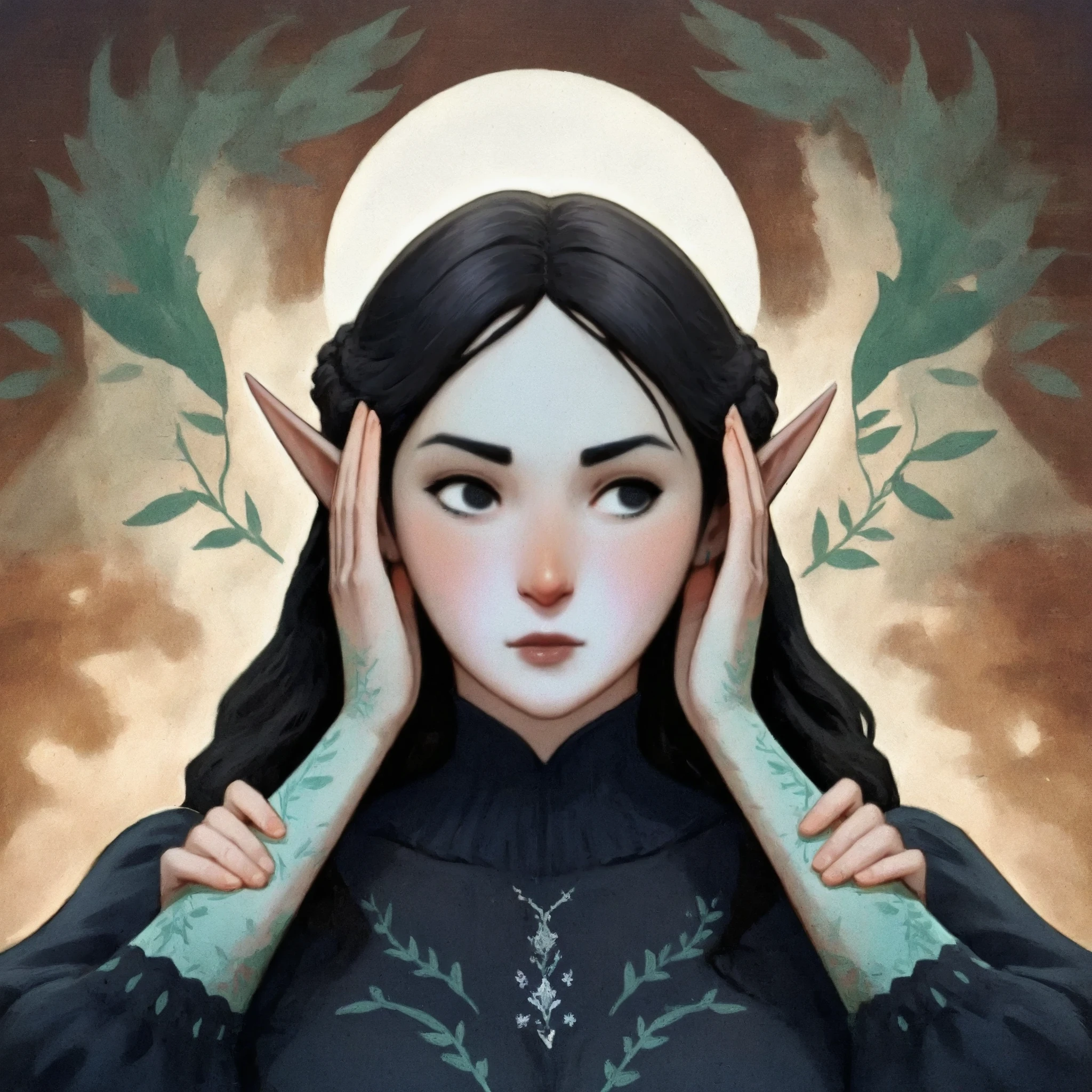 dkri style, 1girl, gorgeous elf, high cheekbones, mature girl, looking away:1.5, vibrant pale skin, perfect hands, black eyes, medieval black dress, fantasy aesthetic, painterly illustration, gouache painting, soft illustration, 2d art, abstract background, masterpiece, best quality, flat illustration, extreme quality, IllustriousQual, masterpiece, best quality, realistic, lora:AnatoFinnstarkIXL_v2:1.0