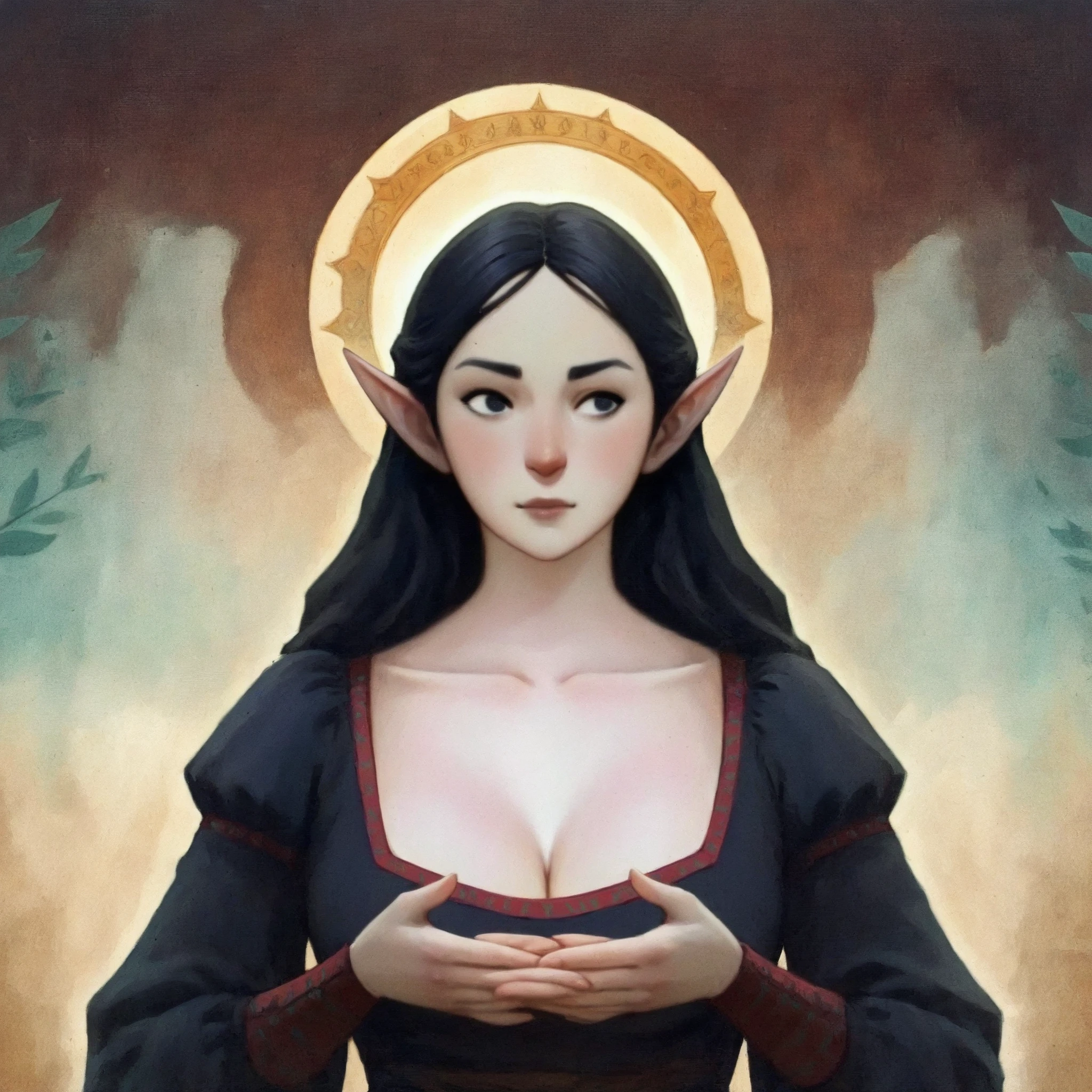 dkri style, 1girl, gorgeous elf, high cheekbones, mature girl, looking away:1.5, vibrant pale skin, perfect hands, black eyes, medieval black dress, fantasy aesthetic, painterly illustration, gouache painting, soft illustration, 2d art, abstract background, masterpiece, best quality, flat illustration, extreme quality, IllustriousQual, masterpiece, best quality, realistic, lora:AnatoFinnstarkIXL_v2:1.0