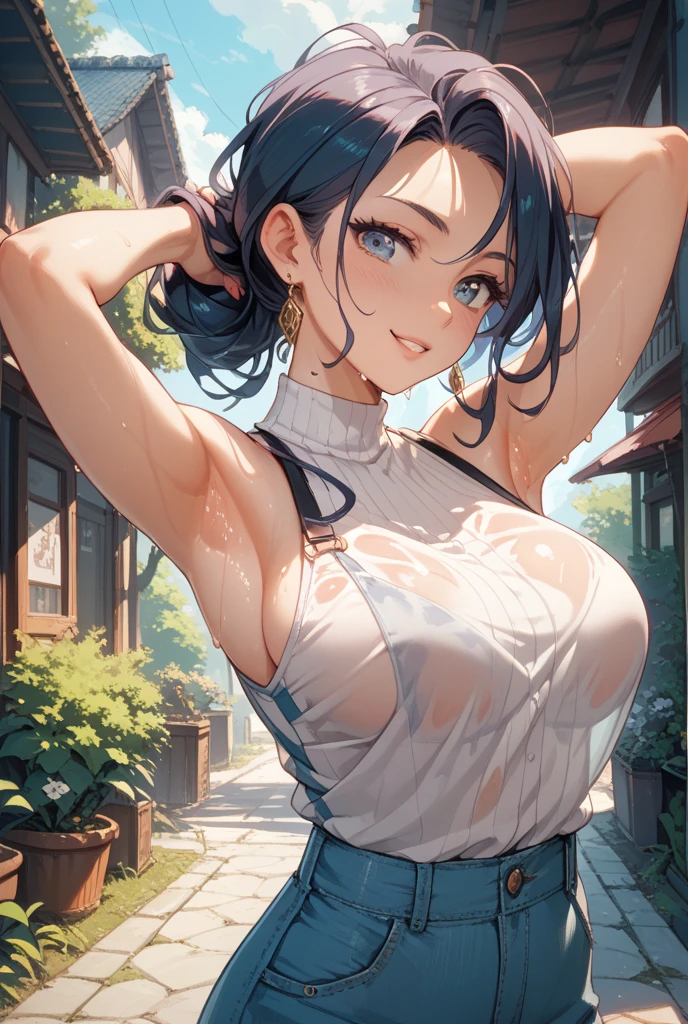 ((Highest quality)), ((masterpiece)), (detailed), (Japanese),12 years old, Black Hair,(Childish face), (Braids), Girl , big Breasts, ,(Naked), ((Blue eyes)),half-smile , Sunlight, from_Side, arched back, (extreme_close_up) ,upper body,Cosmos field ,Sunflower field ,(Naked Apron),Frill apron,((white See-through)),