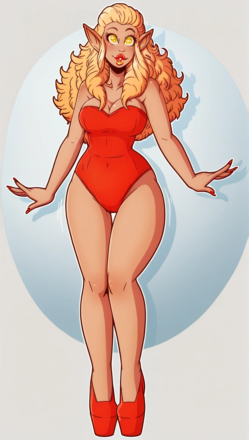 Minvera mink from Animaniacs, wearing black swimming shorts, yellow girl hair, red one piece swimsuit, sitting down doing a pin up pose, has thick thighs, smug expression, high quality, crisp, 1girl,