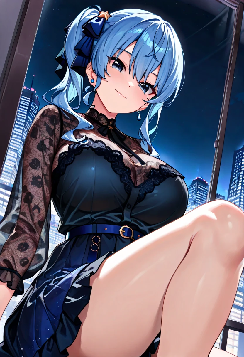 Highest quality、8K、(Bunny girl)、Fishnet tights、High heels、Blue Bunny Suit、View Viewer、smile、Futuristic Living Room、indirect lighting、Room with houseplants、From the window you can see the valley between the city buildings、Night view、Silver short hair、Beautiful eyes、Beautiful Face、Many layers of eyes