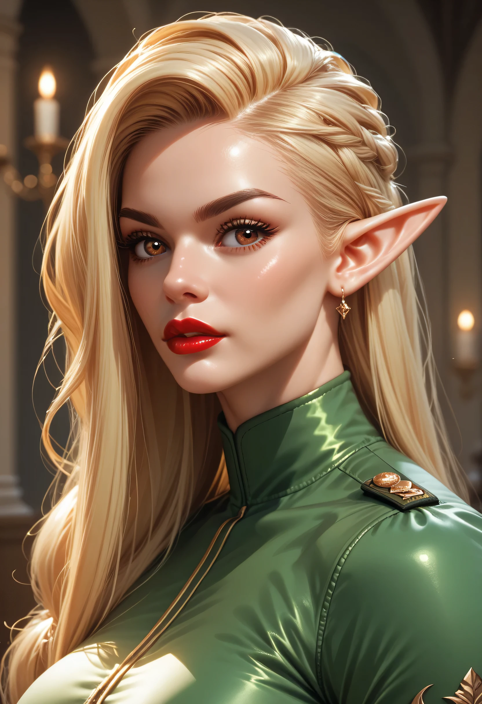 (Perfect face) (Long Hairstyle, Bright Blonde Hairstyle) (Black Thin Eyebrows, Glowing Brown Eyes, Nose, Bright Red Lips) (Beautiful Female) (Female Elf, Green Uniform Top) (Female Muscular, Perfect Body, Beauty Female)