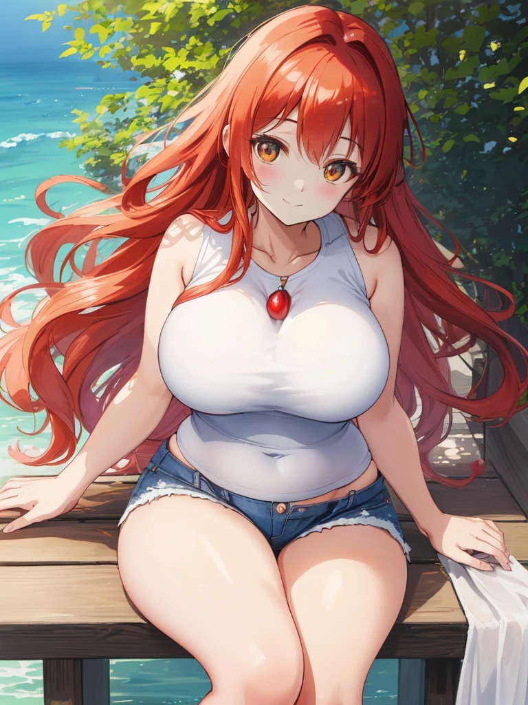 (masterpiece:1.2, best quality:1.2, beautiful, high quality, highres:1.1, aesthetic), detailed, extremely detailed, ambient soft lighting, 4K, perfect eyes, perfect face, perfect lighting, 1girl, solo, huge breasts, huge thighs, narrow waist, wide hips, thick thighs, curvy, standing, looking at viewer, facing viewer, Rias Gremory, rias form high school dxd, , (((blue eyes))), red hair, antenna hair, wavy hair, tight white t shirt, (underboob), red bloomers, blushing,sweating, (breathing hard), (panting), anime, smile, marketplace, outdoors,