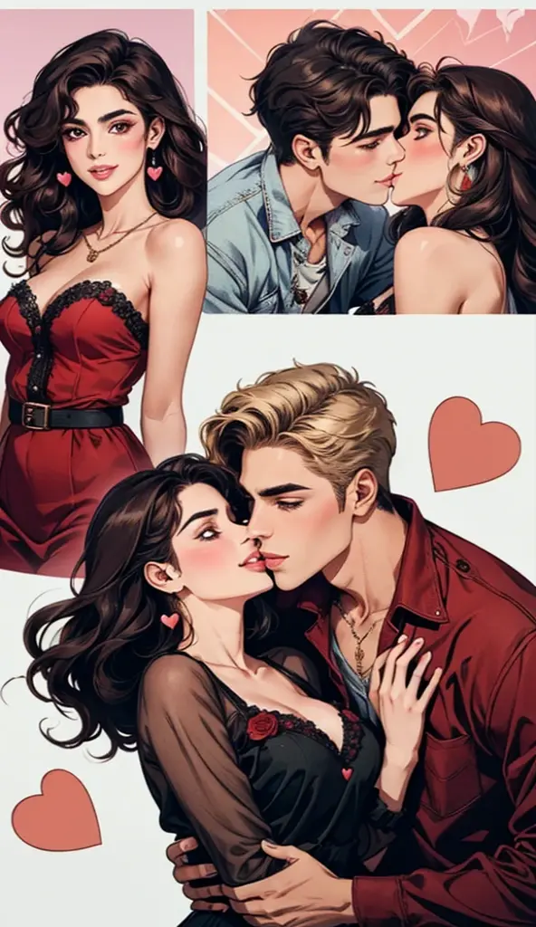 masterpiece, couple,  1 woman, a beautiful female, long wavy black hair, brown eyes, 1 man, a beautiful man, brown eyes , short wavy hair, beautiful smile,  casual outfit, valentine, happy, smile, chocolate, roses, hearts, kiss, Kiss in the lips 