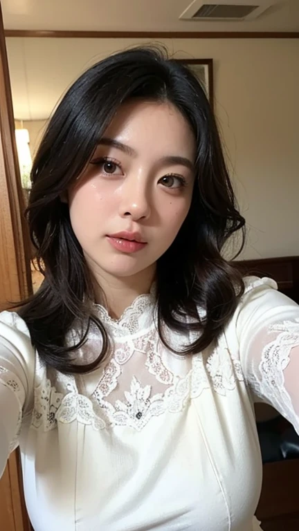 Dark brown hair、Light brown eyes、Japanese actress、 Lady、I am about 40 years old...、(Private NTR Private Category Details Private L:1.2)、(top-qual私ty:1.4)、 (Ultra-high resolution:1.2)、Ultra-high resolution、(Eye on the details)、(Detailed facial features)、Hmph、8K resolut私on、Casual clothes and D cup breasts、Long Hair、one piece ,In the photo々There is a background、people々々々々々Looks small、A living room bathed in the refreshing morning sunshine、Sit on a large sofa　Sofa Details、Through a large window　Living room with beautiful and tranquil sea views、Beautiful legs、White wall、White Curtains、White sheets、White bed、White bedルーム、Beautiful natural scenery from the window、