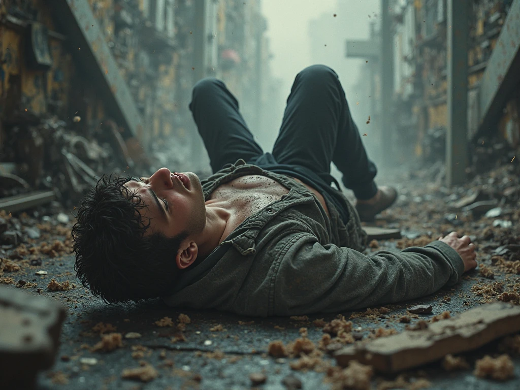 Capture the gory, bloody moment as a skinny bruce banner sleeps on the floor, only wears ripped shorts, no shirt, around the remains of a building turned to rubble by an explosion. This RAW masterpiece showcases an ultra-high resolution, photorealistic full-body portrait, illuminated by the warm glow of sunlight. The scene is rendered in the captivating style of mecha sci-fi anime, boasting an impressive 8K resolution for the best quality imagery. Crafted with Unreal Engine 1.4, this piece features ultra-realistic 64K CG, skin texture at 1.4, and volumetric fog to add depth and atmosphere. The details are further enhanced with 8K UHD, DSLR quality, film grain, and the artistic touch of lomography. The result is a stunning blend of high-quality visuals, translucent effects, and photorealism that truly captivates the viewer.