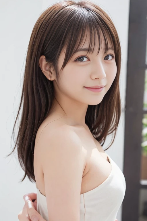 highest quality, Realistic, 8K, High resolution, 1 Girl, woman, (Skin dents), (Portraiture:0.6), nice, ((White Background, Completely naked, Small breasts:1.65)), (Brown hair in a ponytail, Parted bangs:1.4), Watching the audience, (1 Girl eyes Watching the audience:1.6), Realistic, (Bokeh), (Closed Mouth, smile:1.3), nice, Purelos Face_V1:1,
