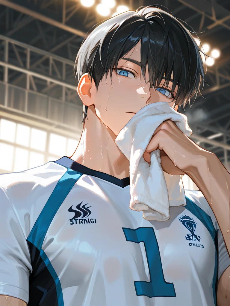 (score_9,score_8_up,score_7_up,score_6_up,score_5_up,score_4_up, source_anime), 8k, best quality, best lighting, BREAK, 1boy, 15 yo, thin eyebrows, toned, six pack, short sleeved navy soccer shirt, (bottomless: 2), veiny arms, , huge penis ((erect : 1.7)), huge testicles, thick outline, , blush, locker room, wide shot, look away, yoichi_isagi, blue eyes, black hair, sitting steel bench, spread legs, panting, bedroom eyes, steam, sweat, licking lips, (super massive cumshot: 1.5), cum on face, cum on shirt, cum on hair