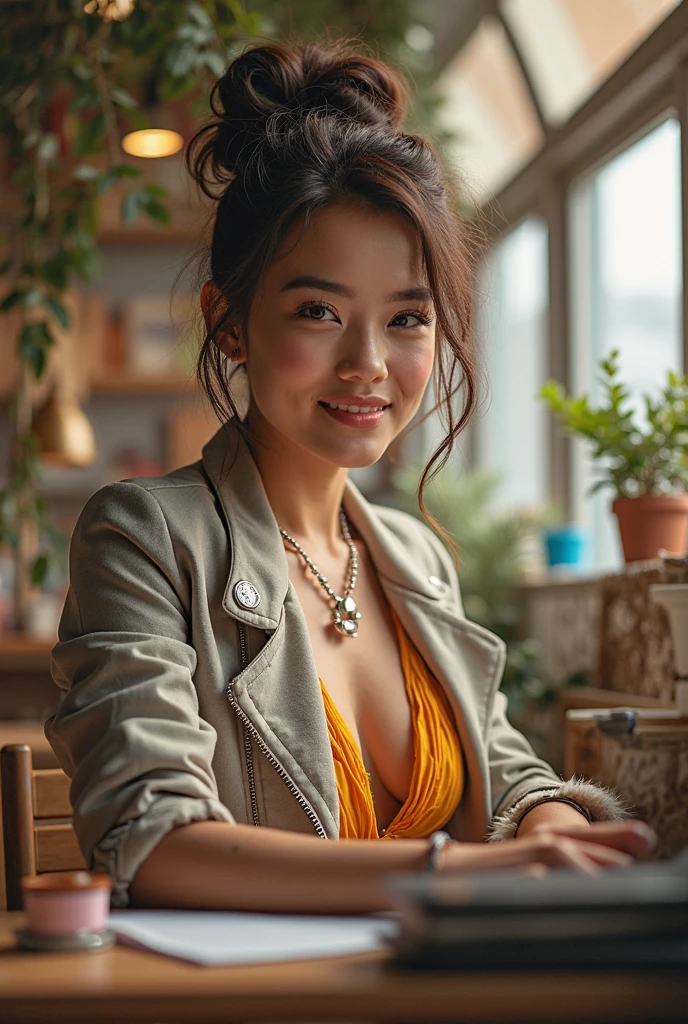 full body,cinematic photo beautiful thailand woman,chubby,from the side,with shoulder length brunette hair,sitting on the back of her couch in her studio apartment,wearing overalls,holding a coffee cup,steaming hot coffee,smiling at the viewer,beautiful perfect eyes,35mm photograph,film,bokeh, professional,4k,highly detailed,epicrealism model, atmospheric impressionism,bokeh,,pre-raphaelite realism,low tone photography,soft focus realism --ar 36:61 --stylize 750 --v6