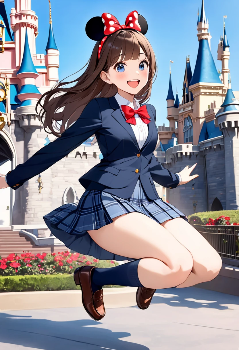 (masterpiece, highest quality, High resolution, 超High resolution, Perfect Pixel, Written boundary depth, 8k, About RTTX10.0), (One Woman:1.3), Cinema Lighting, Best Shadow, The best natural light, Cinematic, ((Smooth texture:0.75, Realistic texture:0.5, Anime CG Style)), Beautiful Anime Women, Beautiful art style, Anime characters, (One Womanは両足を閉じてかわいくジャンプしている), ((Detailed face:1.2)), (Brown Hair, Side Ponytail), Beautiful breasts, Slender body,Beautiful thighs, (Brown cardigan, White shirt, Checked skirt, Navy blue socks, Red ribbon at collar:1.2), (Her skirt flipped up from the force of her jump:1.3), (A perfect skirt of uniform length:1.4), (Pink side-tie satin panties with white lace on pink fabric:1.3), (smile), (The square in front of Cinderella Castle, Disneyland, Many people々:1.3), Manga Design, Exact number of legs, Perfect Anatomy