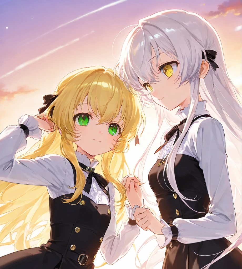 garota anime com longos cabelos loiros e olhos amarelos, looking at the camera, com franja marrom, [[[[sorrindo maldosamente]]]], childhood friend, Vida cotidiana, laranja: 0.5, ultra detalhe, alta qualidade, melhor qualidade