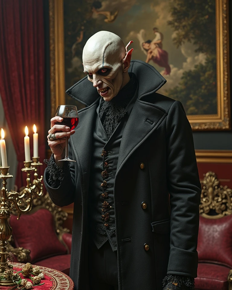 ((bill skarsgard)) in the role of nosferatu holds a glass of wine in his hands and holds it out into the frame, It's dark in the background