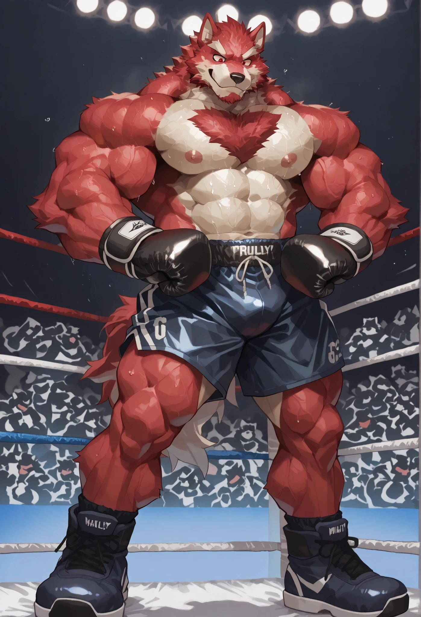 4K, masterpiece quality, pov_boxing, Looking down on the losers, black boxing shoes, dark navy boxing gloves, navy black boxing shorts with gold side lines, bulge, full body, depth of field, boxing, proudly pose, hands on hips and one arm raised pose, boxing ring background at midnight, diederich olsen, wolf heavywait boxing champion, gay, furry male, red fur, red eyes, red public hair, bulging heavy muscular, thick veiny arms, carmly looking down on loser, carmly expression, proudly smile, bedroom eyes, large pectorals, sweaty body, Angle of the loser looking up from directly below, powerful arms with protruding veins,