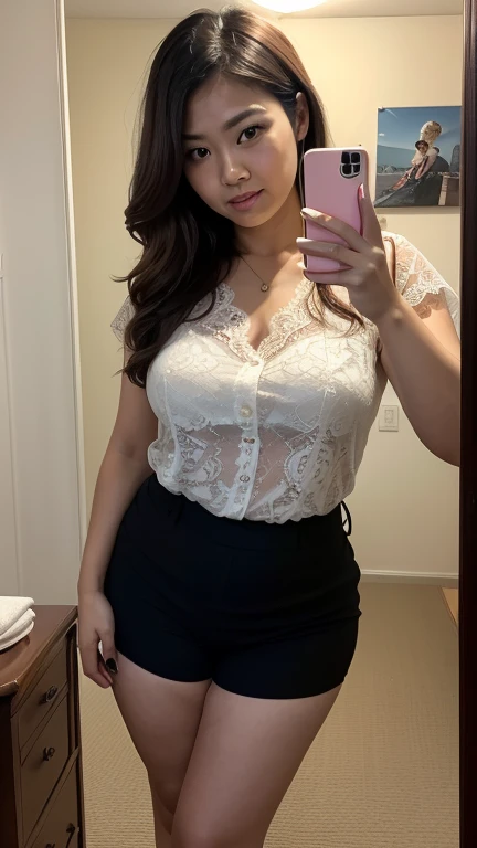 high quality, high resolution, 24 years old, JuReis, JuRe, black hair, curly long hair, open blouse with lace bra underneath, short skirt, white stockings, sitting in bathroom stall, open legs, shaved pussy