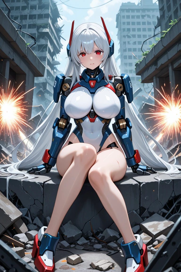 サイバーパンク cyborgs女性 メカニック 透明パーツを使用した美しい造形, cyborgs, (ロシア人のfacesをモデルにした)、(faces, crotch, The lower part of the body is human skin:1.7)、cables, and circuit board、concept design, awardwinning, polycarbonate, Pcb, electronics, fully visible mechanical parts、ANDROID、(美faces:2)、(詳細なfaces:1.5)、(Large city where a nuclear bomb was dropped:1.5)、(building collapse:1.5)、(silver hair:1.5),（A detailed eye:1.3)、(detailed nose:1.3)、(detailed lips:1.3)、(with open legs:1.4)、(natta:1.2)、(Em SFW:1.5)
