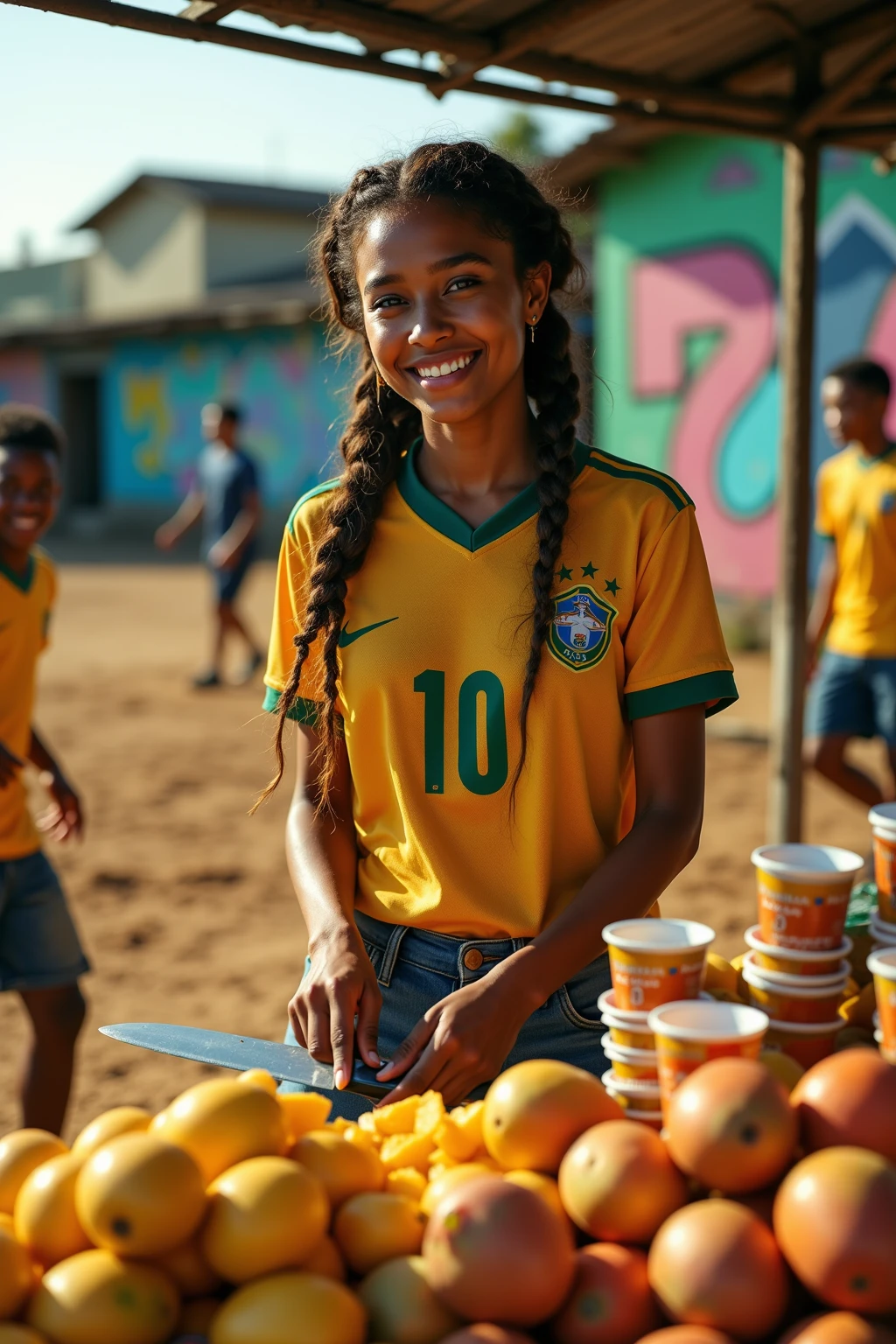A busty 6-year-old girl holding the Brazilian flag with a cup of ice cream in her left hand