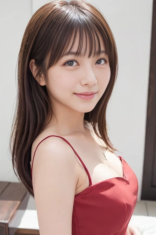 Tabletop, Highest quality, figure, Super detailed, In detail, High resolution, 8k wallpaper, Perfect dynamic composition, Beautiful attention to detail, Women's fashion,Very short hair,Large breasts Natural color Lips, Bold sexy pose,smile,Harajuku、20-year-old girl、cute、Landscape、Raise your arms、sexy shot looking at camera、I can see her red sheer negligee、Small cups、Chest opens wide、Very slim