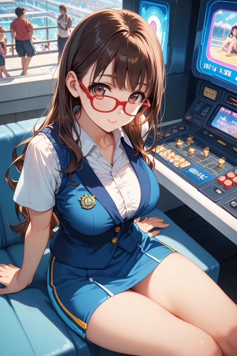 woman,14 years old,,city,night,(((white and blue tight miniskirt bodysuit))),,open mouth smile((See-through))(((Glasses))),((Beautiful long ponytail)),(()),blush、surprised face,((())),((blonde))(((On the way to changing clothes)))(((While undressing)))