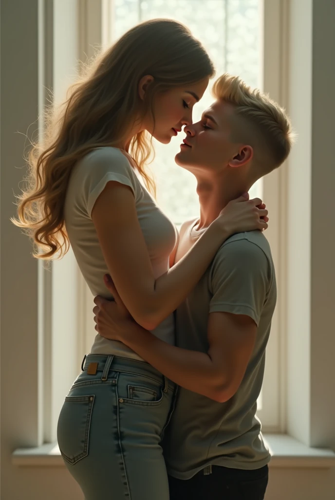 It makes a skinny busty blonde American woman and she is wearing gray colored panties and bra and she is in a room and she is kissing on the mouth of a teenage boy with glasses, the boy is thin and NOT MUSCULAR