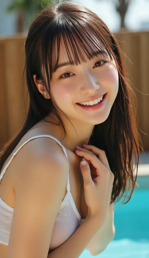 a woman,1 girl,black hair, hair bobbles, longeyelashes, solid circle eyes, light smile, mole under eye, piercing, light smile, shy, puckered lips, Surrealism, drop shadow, stereogram, ass pov, atmospheric perspective, depth of field, first-person view, f/1.8, 8K, super detail, ccurate, best quality, highres, best quality,full body,professional lighting,Cleavage