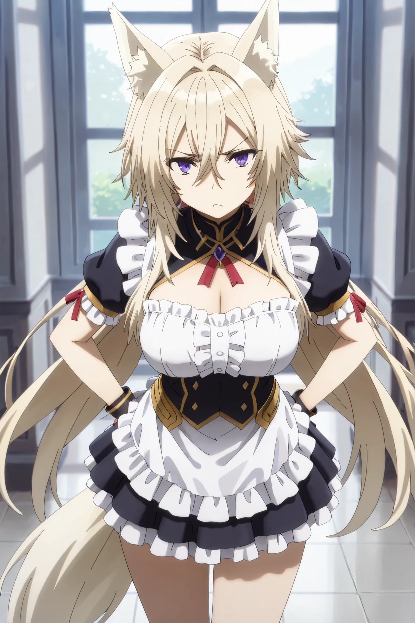 masterpiece,Highest Quality,high resolution,very detailed,Zeta\(kage no jitsuryokusha ni naritakute!\),animal ear、purple eyes、golden hair,tail,maid clothes,miniskirt,grumpy face