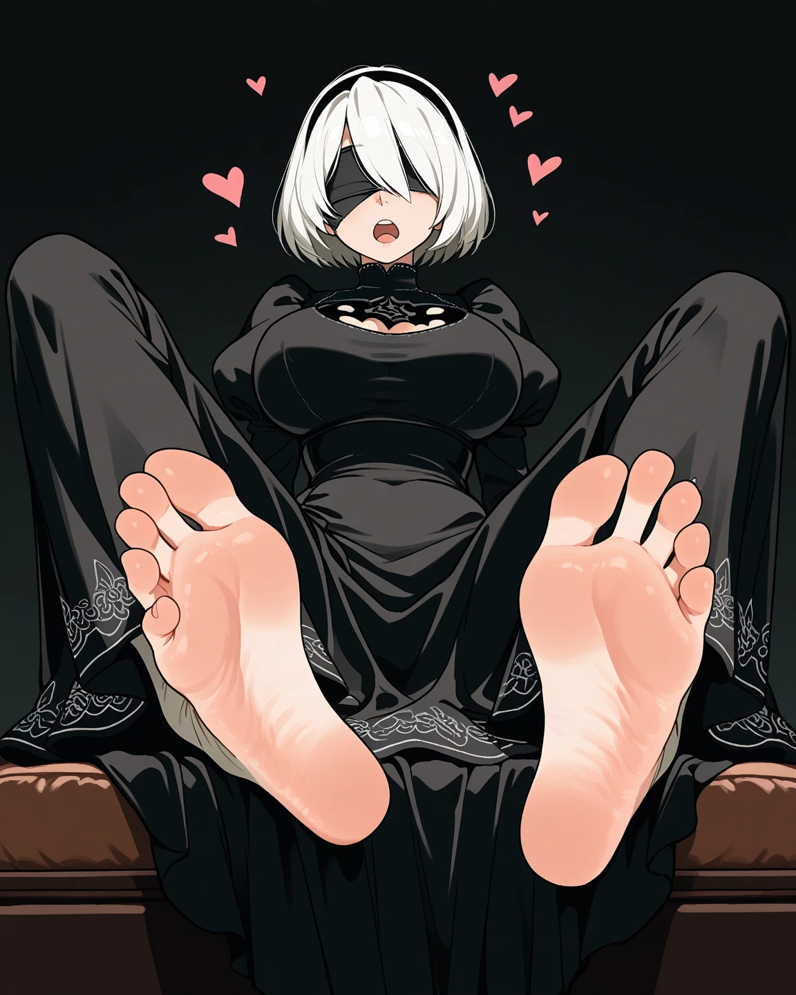 score_9, uncensored, source_anime
BREAK
nier:automata, 2b \(nier:automata\), pod \(nier:automata\), 1boy, 1girl, bare legs, barefoot, black dress, black gloves, black hairband, full-face blush, blush, breasts, cleavage cutout, clothing cutout, dress, erection, feet, footjob, gloves, grey hair, hairband, hetero, holding another's foot, juliet sleeves, knees apart feet together, knees up, large breasts, legs, long sleeves, looking at viewer, medium hair, mole, mole under mouth, open mouth, panties, parted bangs, partially visible vulva, penis, pov, puffy sleeves, sitting, spread toes, swept bangs, toenails, toes, underbust, underwear, white panties, testicles, pov legs
<lora:p_ami_v10_adafactor-000017:1>