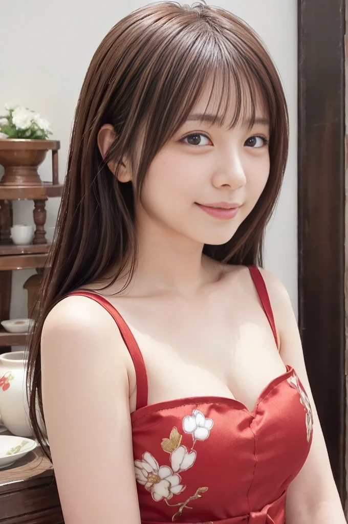 woman,2,Brown Hair,China dress,sexy,Underarm,Bright smile,Big eyes,Charm,cheerful and energetic,Natural Body,Small and delicate,whole body,A bit clumsy