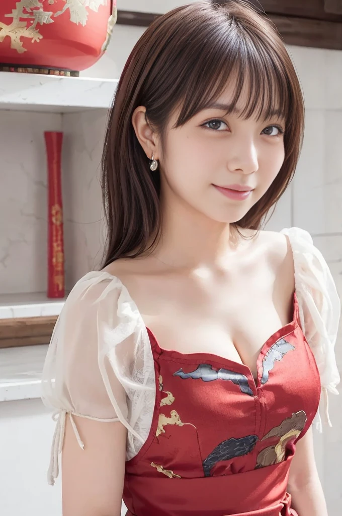 Red dress,Chinese clothing,china dress,brown hair, hair over shoulder, 21years old woman, grin, blush, Surrealism, Hyperrealism, Verism, wide shot, UHD, masterpiece, ccurate, anatomically correct, textured skin, super detail, high details, high quality, highres, 1080P, HD, 8k