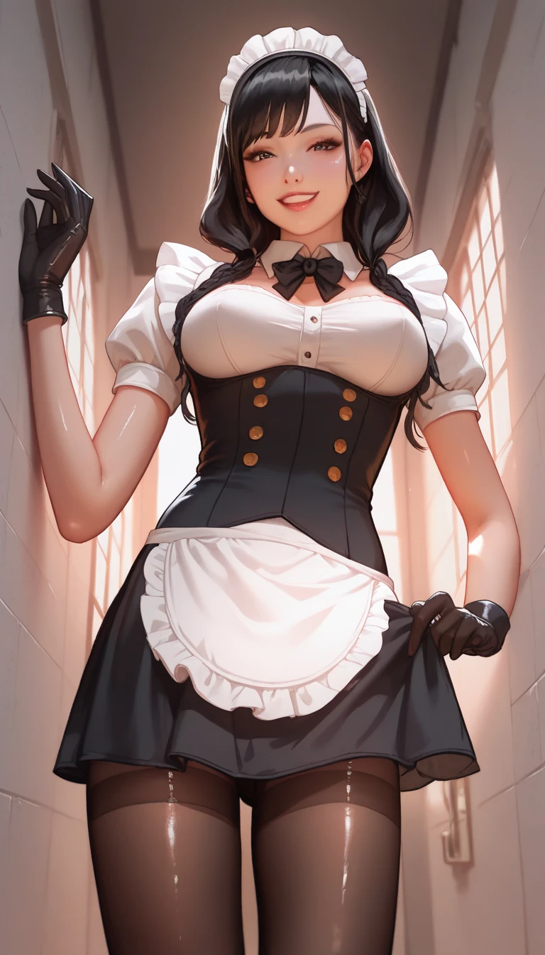 Girl with black hair eyes , in maid dress . Her jade white skin was glistening in his eyes. Her slender long legs coupled with her soft and plump breasts, her slim figure, her pink lips and beautiful eyes, everything made her look stunning. Cute and innocent face