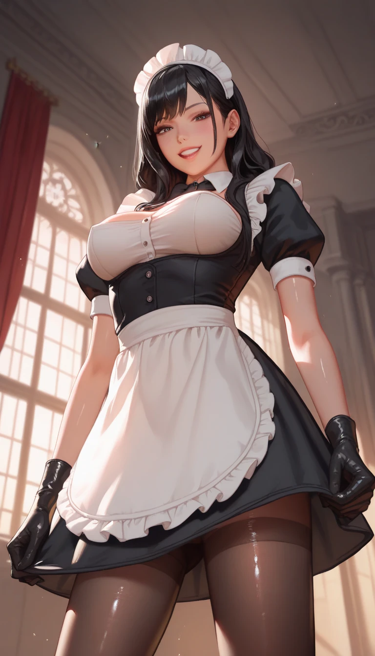 Beautiful gothic woman wavy black hair blue eyes firm body perfect breasts sexy maid dress white apron gothic makeup black lips blushing cheeks blushing charming smile