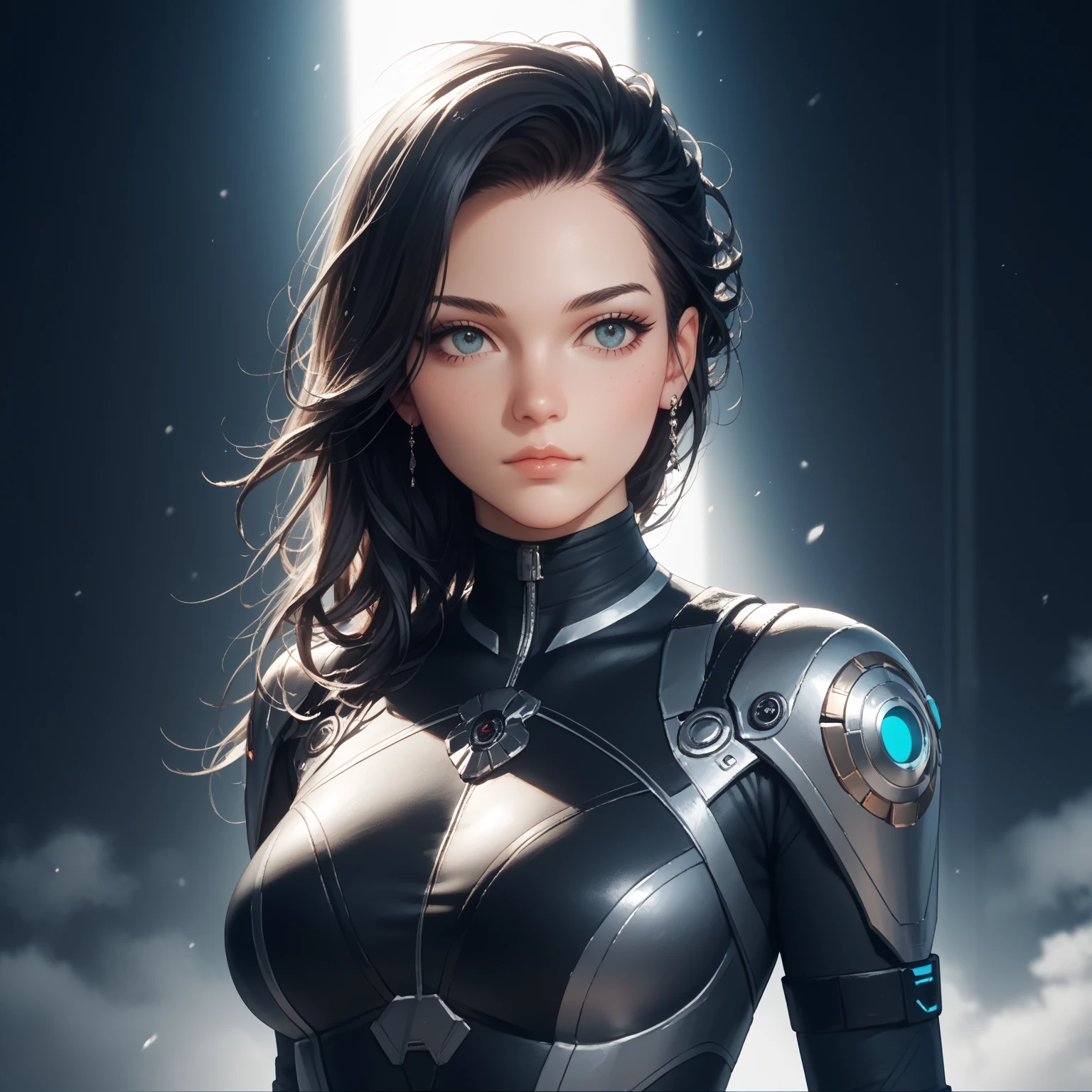 ninja, black ninja suit, pretty face, serious face, black hair, cosmic eyes, lightning effect background, perfect body, fit body, big breasts, muscular, bokeh, UHD, side lighting, upper body must be shown