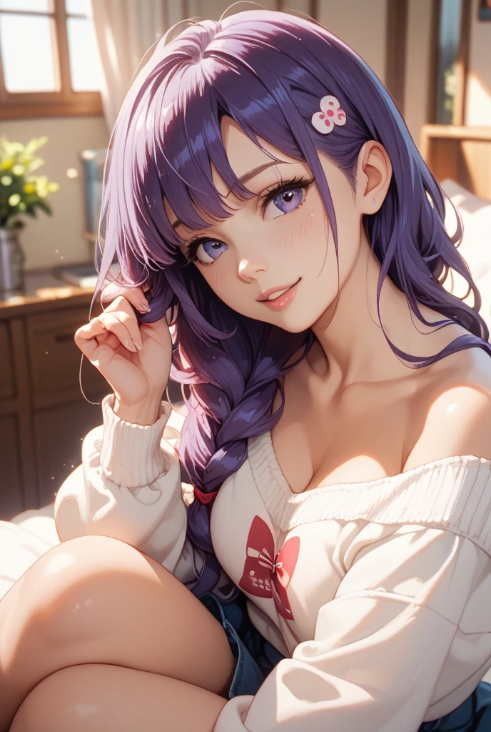 {{{NSFW}}},(masterpiece:1.2),(ultra quality:1.2),(ultra detailed:1.2),(ultra-high resolution:1.2),(very fine 8K CG wallpaper:1.2),Mejiro McQueen \(umamusume\),{1 girl,beautiful girl,cute,smile,kawaii, lovely,blushing,playful expression},sharp focus,oily skin,beautiful detailed hair,glossy hair,(wear school uniform:1.5),(lying on the bed:1.2),wear long school skirt,perfect two legs,(spread two legs:1.2),(show-off-white-panties:1.3),five fingers,large breaths,wear black pantyhose,beautiful detailed eyes,jewel like eyes,violet eyes, (two hands behind head:1.1),open mouth,armpits, solo,beautiful navel, looking at viewer,collarbone,earring