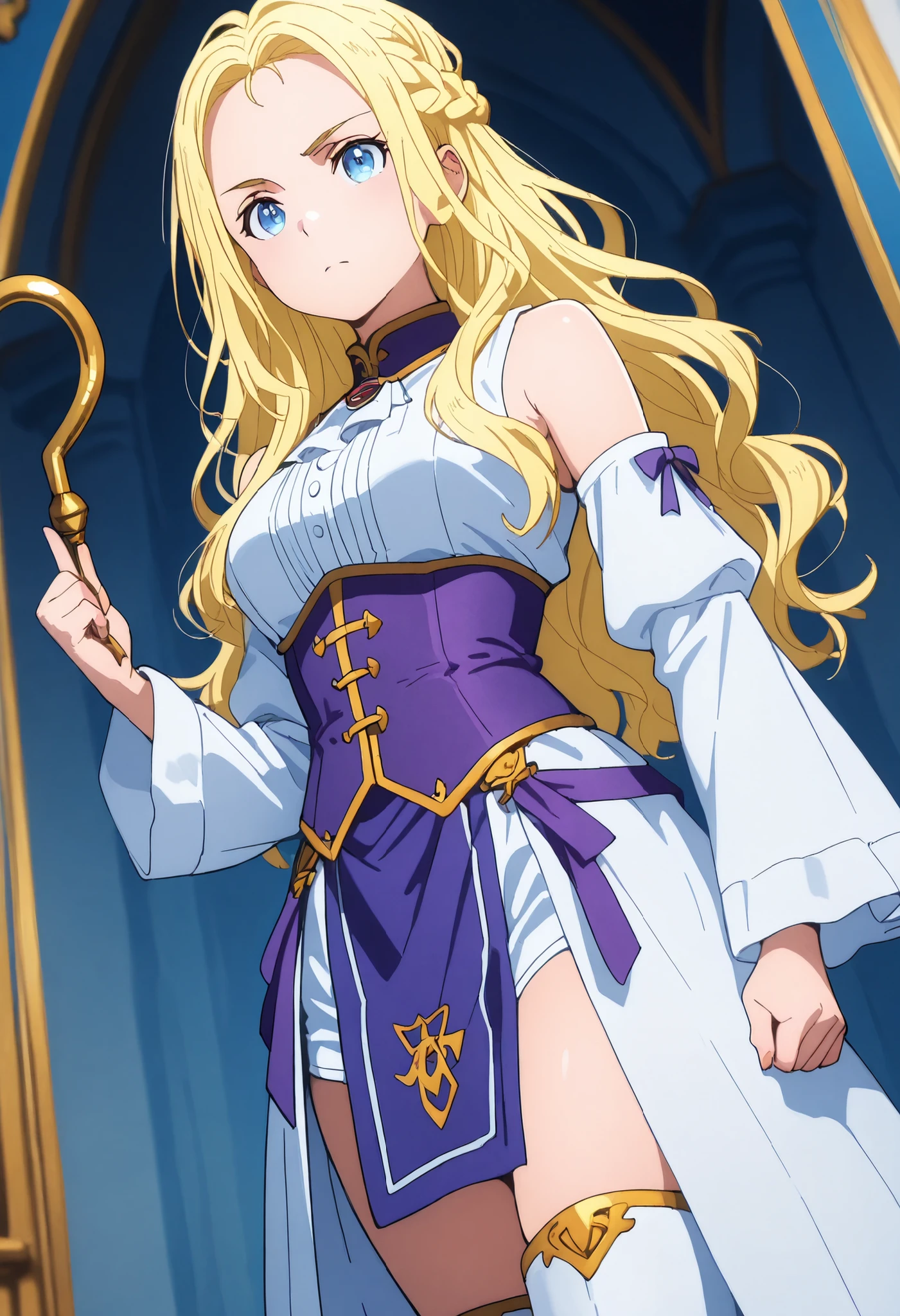 1 people, solo, ushio kofune, long hair, wavy hair, blond hair, braid, blue eyes, in a castle, medieval noble, medieval princess, white coat sleeveless, auxiliary sleeves, hook finger long fingerless, white boots, purple corset, white thigh boots, whaite and purple outfit with gold finishes, fantasy magician outfit, dominant, confident, dutch angle, cowboy shot, perfect eyes, perfect body
