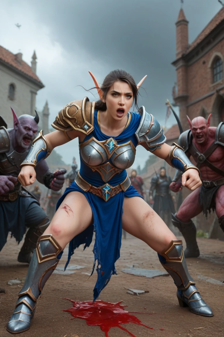 "The tranquil village is suddenly thrown into chaos as rebel warriors storm in with brutal force. Doors are kicked open with a deafening crash, and terrified screams fill the air. Women are dragged from their homes, their faces contorted in fear and desperation. The rebels, clad in dark, menacing armor, show no mercy. Their expressions are cold and ruthless, their eyes gleaming with a cruel determination. Some women try to resist, clawing and kicking, but the rebels are too strong. They yank the women forward, the sound of tearing fabric and pained cries mingling with the general cacophony. The scene is one of utter pandemonium, with the rebels' harsh shouts and the villagers' pleas for help echoing through the narrow streets."
