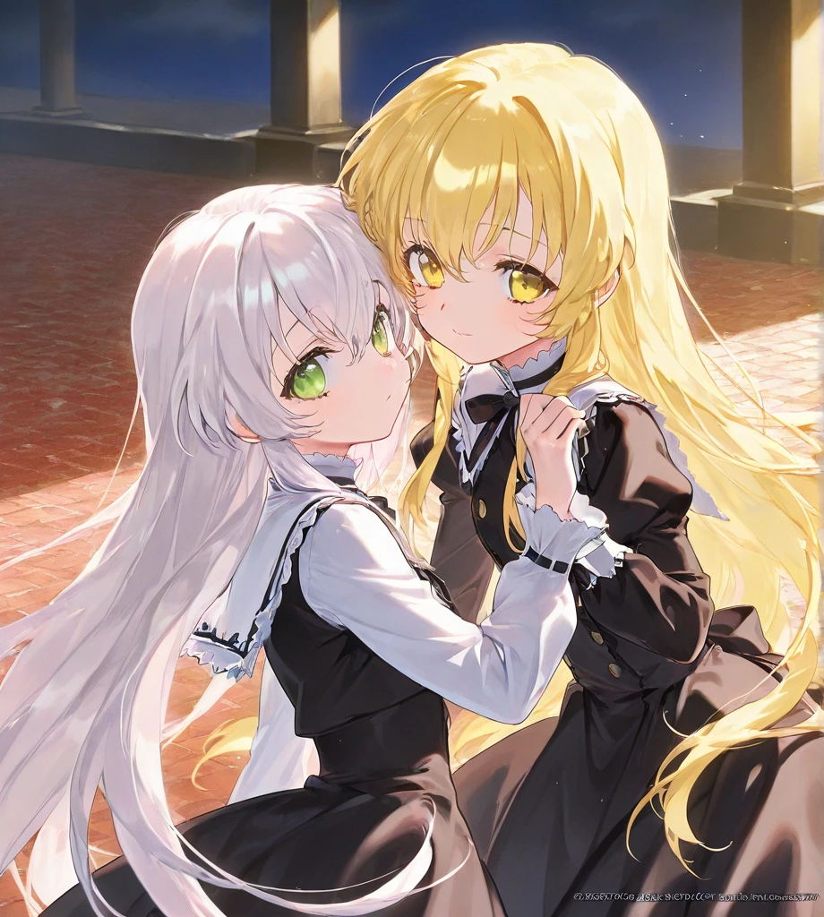 long whitr hair,Multiple girls,kiss,stocklings