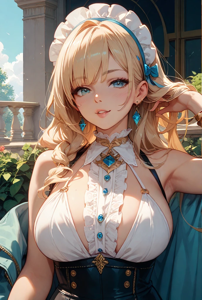 Highest quality、Highest quality、masterpiece、(8k resolution),beauty(Age 25)、(Mature Appearance)、Long Hair(Braiding of sides)、blue eyes、(Intricately embroidered underwear、bra)、Big cleavage、((Super big breasts))、Excited expression、blue necklace、Blue Earrings、background(flower)、Please open your mouth wide、Dynamic pose、Blue choker、